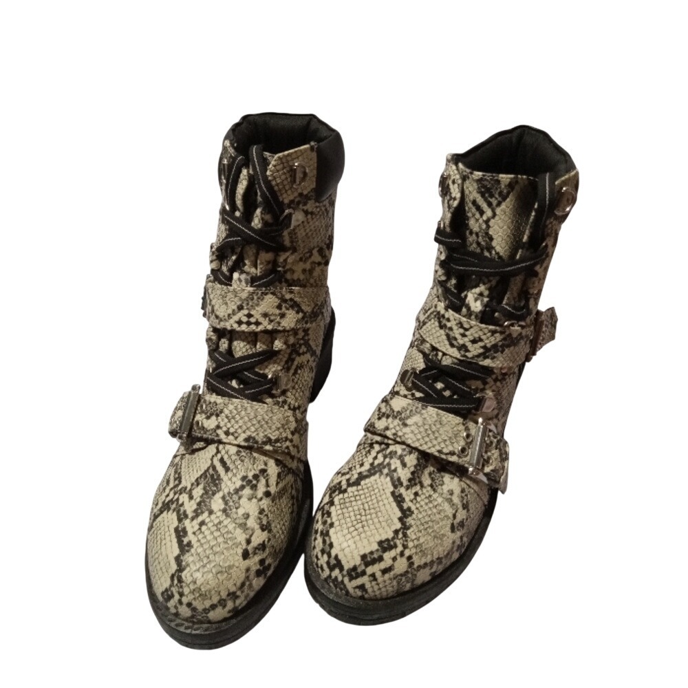 Faux‎ Snakeskin Combat Boots Grey Black Buckle Strap Lug Sole Lace Up Zipper 9